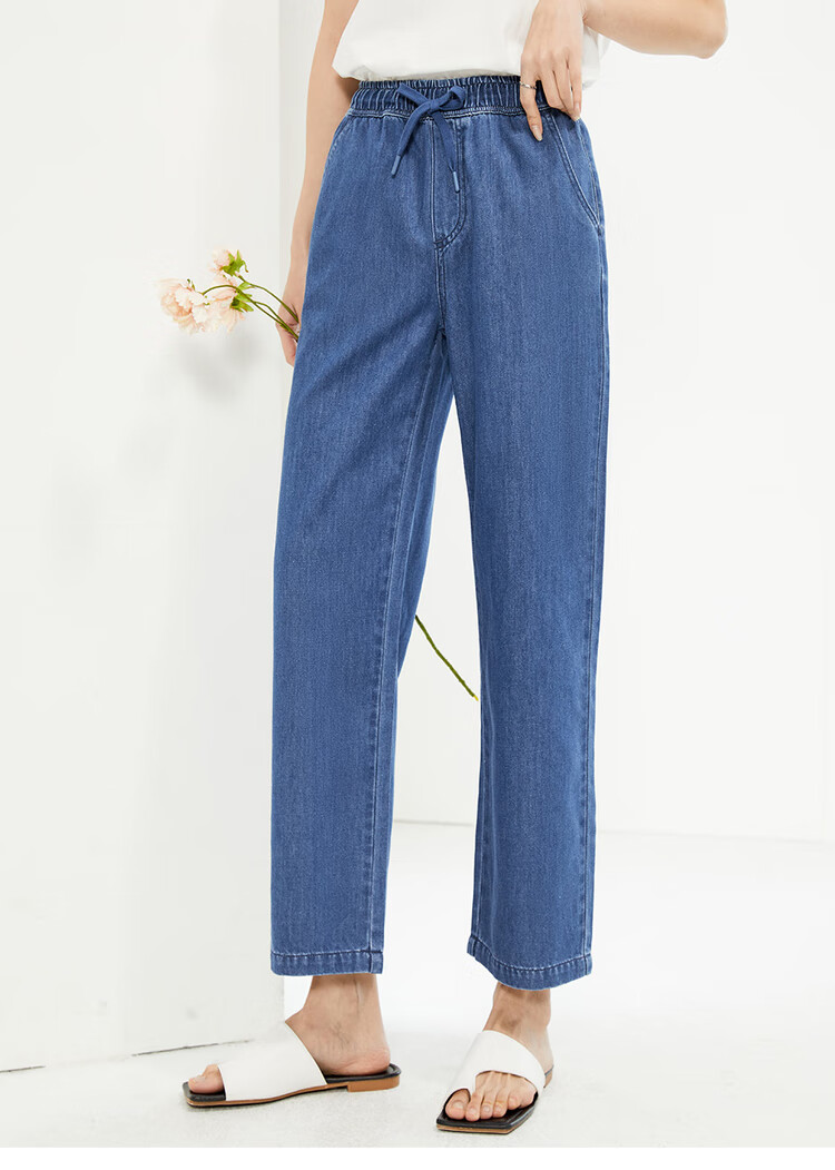 Giordano Women's Pants, Summer High-Tech Cool-Feeling Thin Jeans, Elastic Waist Straight-Leg Cropped Pants, 13425302 14