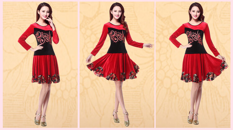 冬季广场舞服装新款套装绒加绒加厚长袖上衣舞蹈服女跳舞 大红裙子