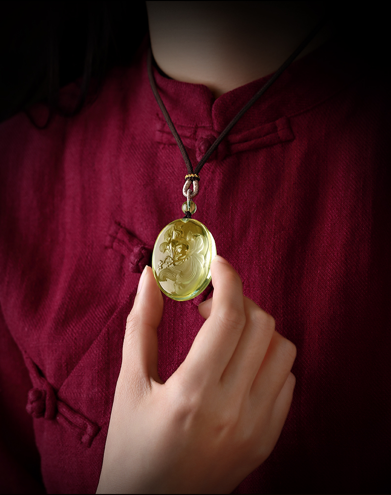 月石缘黄水晶九尾狐吊坠男原石白水晶转运珠小狐狸项