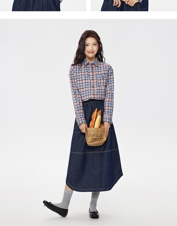 Giordano Women's American Style Plaid Flannel Shirt Autumn Winter New Pure Cotton Loose Long Sleeve Shirt 05345876 15