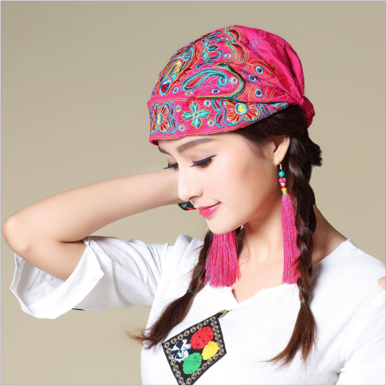 中国民族风刺绣花帽子头巾旅游帽复古包头帽女士帽 6008半顶-黑底红