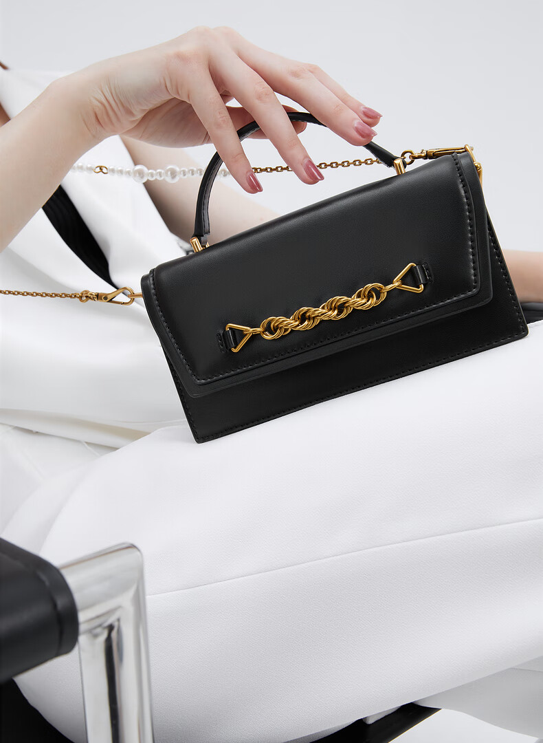 charles&keith油画少女ck6-10701130金属环链复古质感手提包 dark