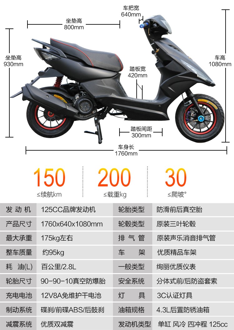 摩托车踏板车125cc鬼火摩托车街车踏板车新一代燃油踏板车街车助力车