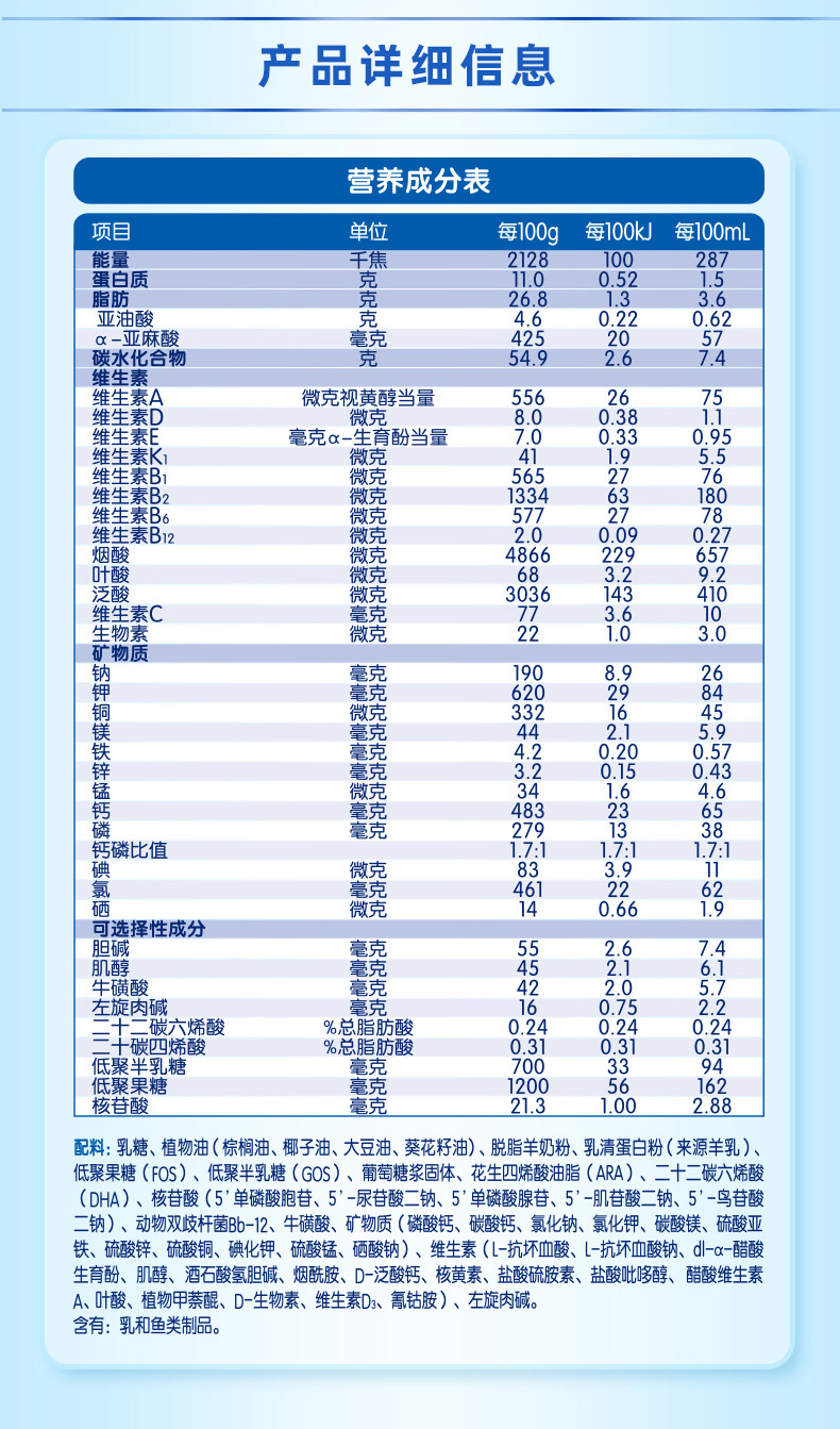 佳贝艾特羊奶粉配方表图片