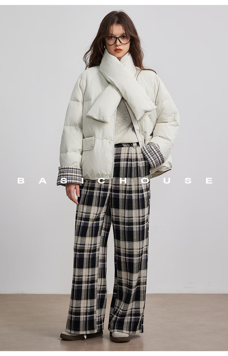 BASIC HOUSE/百家好韩系围围巾蓬松鸭绒外套卡其巾领羽绒服女2024冬季90白鸭绒蓬松外套 卡其绿 S（有围巾）详情图片27