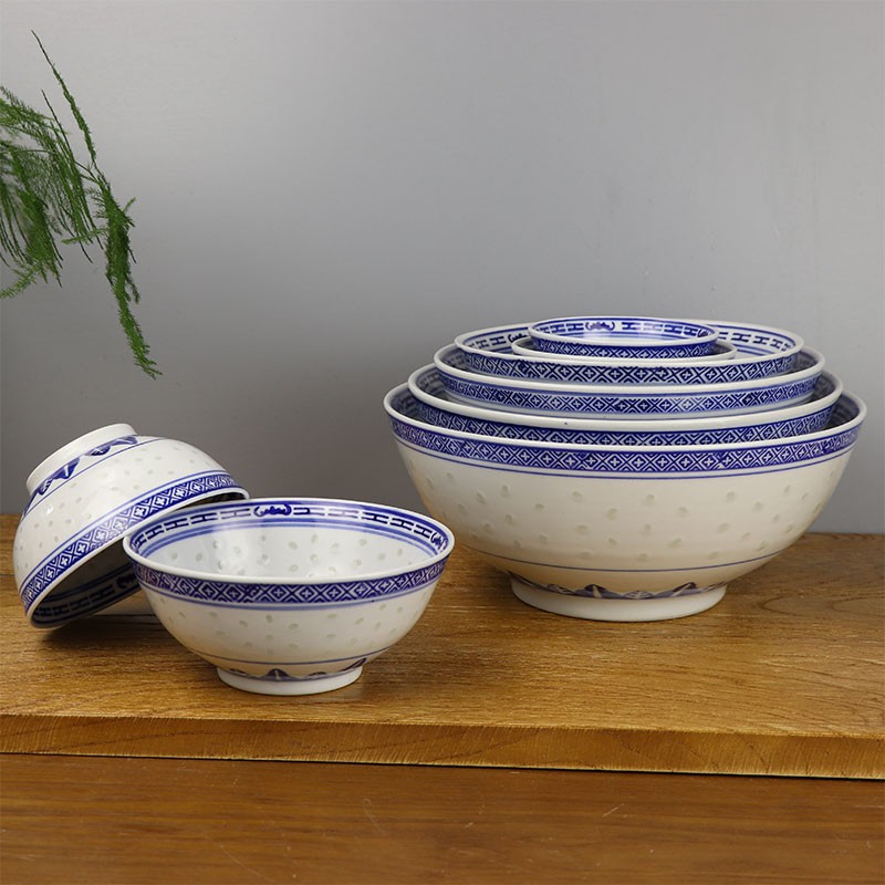 老款景德镇陶瓷器正德饭碗青花玲珑釉下彩面碗汤碗大碗玲珑碗小碗餐厅