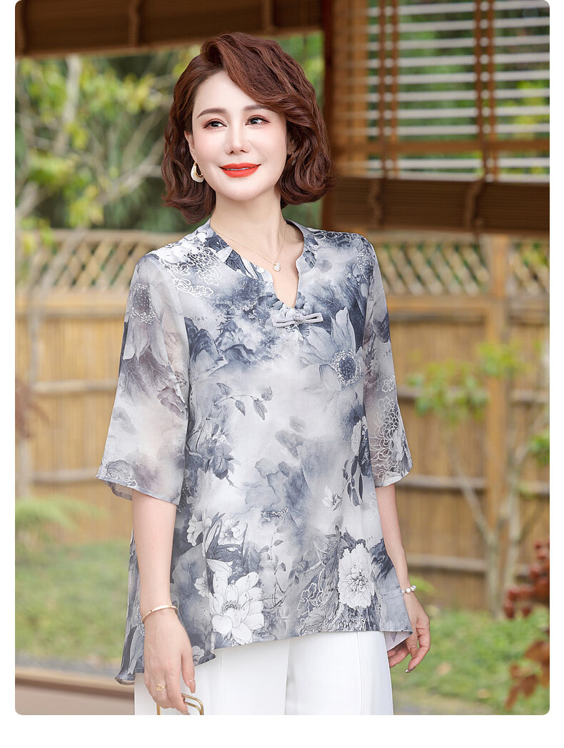 Qiufuluo Mom Summer Chinese Style Short Sleeve Loose Breathable Ice Silk T-Shirt for Women Age 50-80 10
