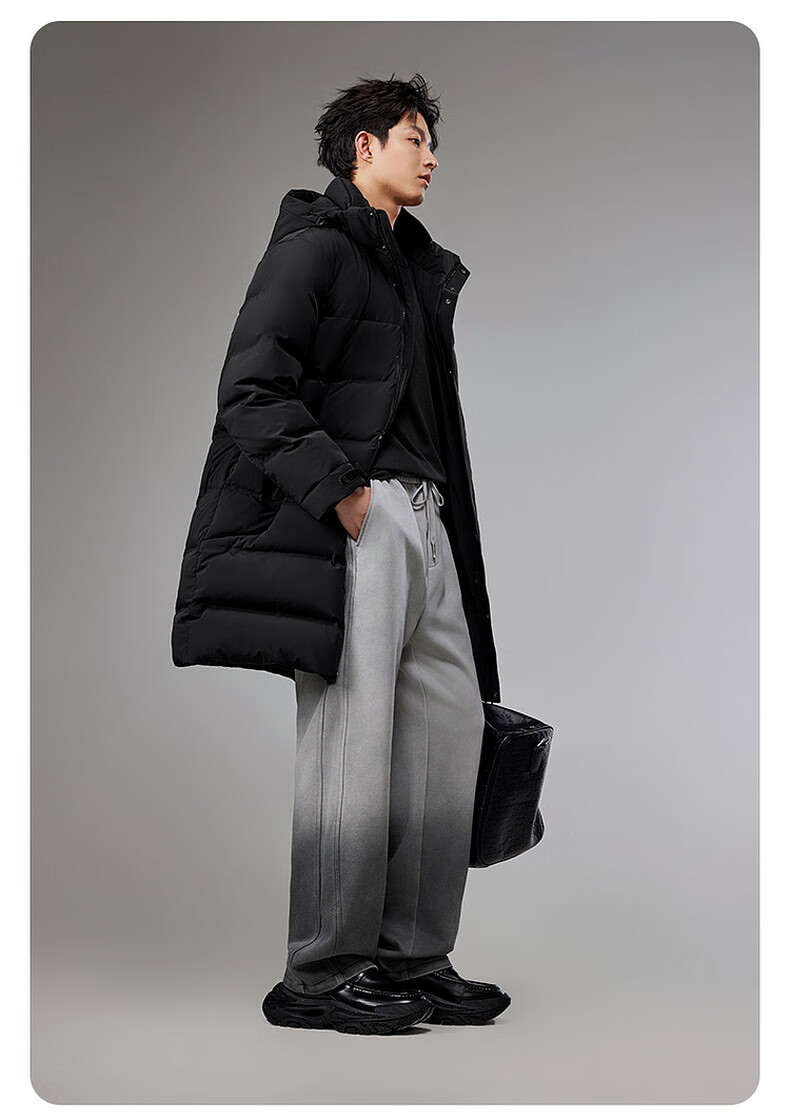 CABBEEN Men's Long Down Coat with Wrinkled Texture, Zipper Pockets, Detachable Hood, Winter 2025 13