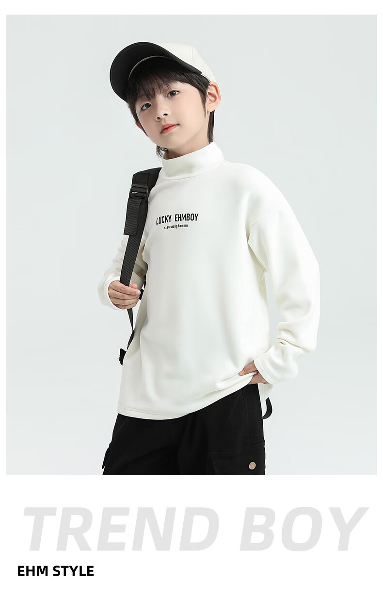 Little Elephant Ham Boys' Base Layer Shirt Autumn Winter Children's Innerwear Half Turtleneck New Boys' Trendy White 150 cm 23