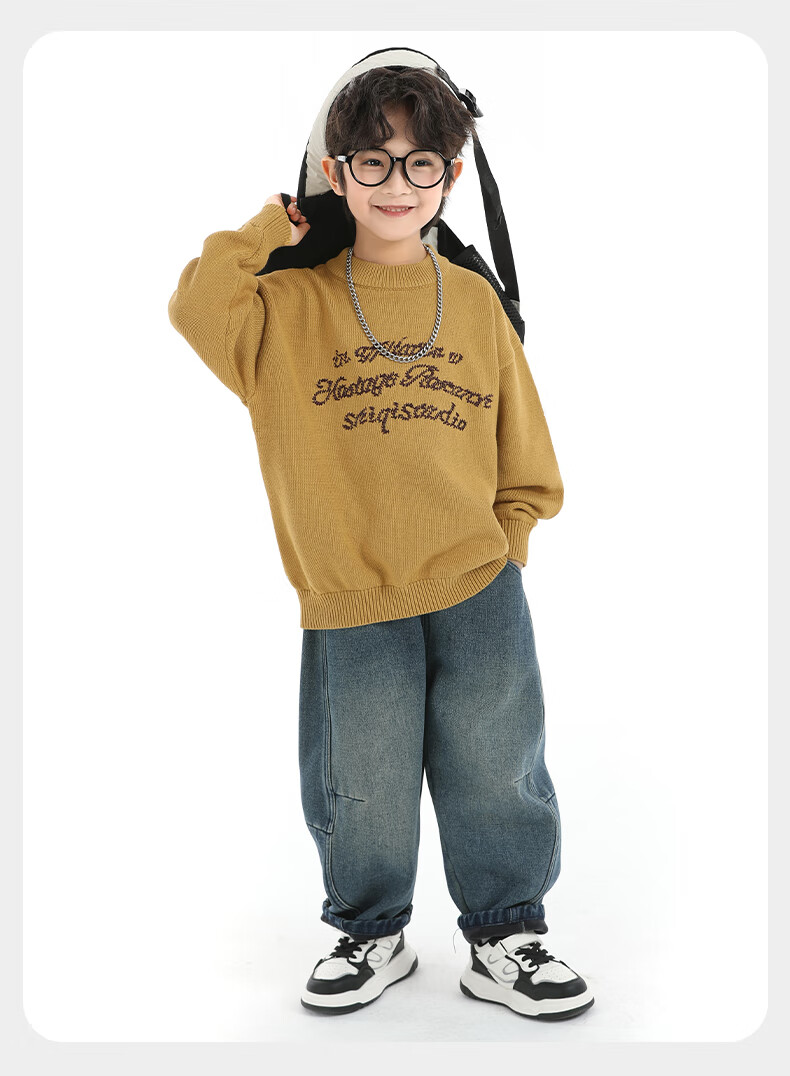 Little Elephant Ham Boys' Knitted Crew Neck Sweater Base Shirt Yellow [100% Cotton Skin-Friendly Non-Itchy] 120 cm 28