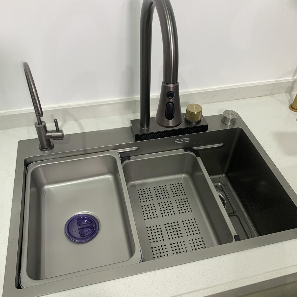 zooyi 九牧王瀑布水槽枪灰色飞雨水槽多功能瀑布大单槽厨房洗菜盆sus
