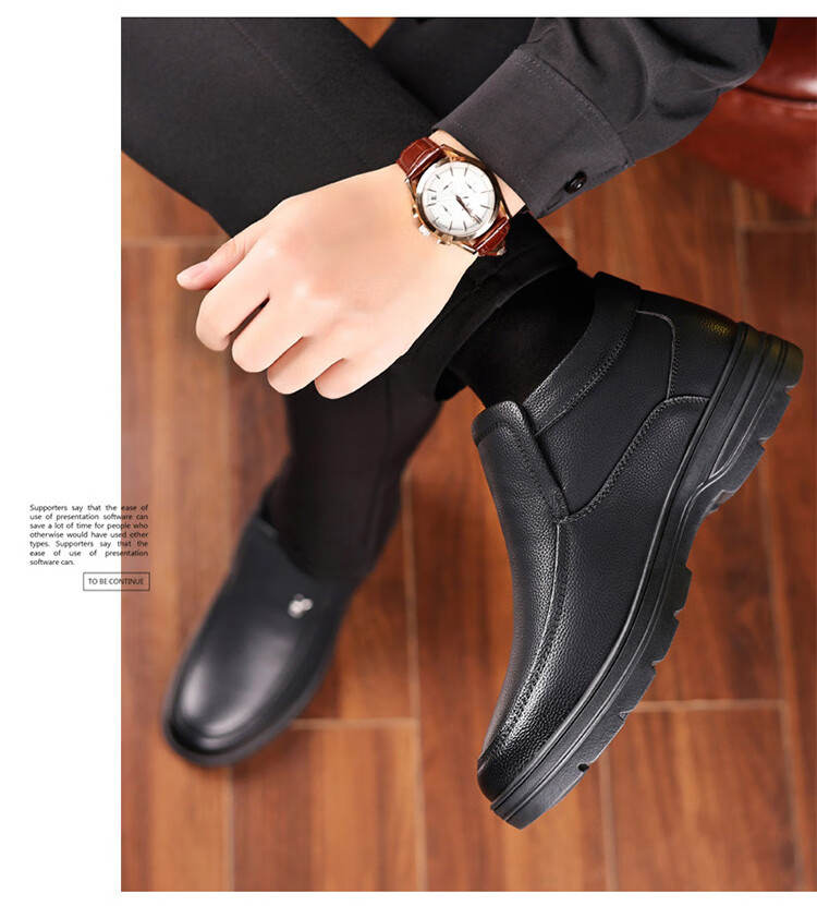 Hengyuanxiang Men's Martin Boots Slip-On Autumn Winter Snow Boots First Layer Cowhide New Cotton Shoes J667 Black 39 3