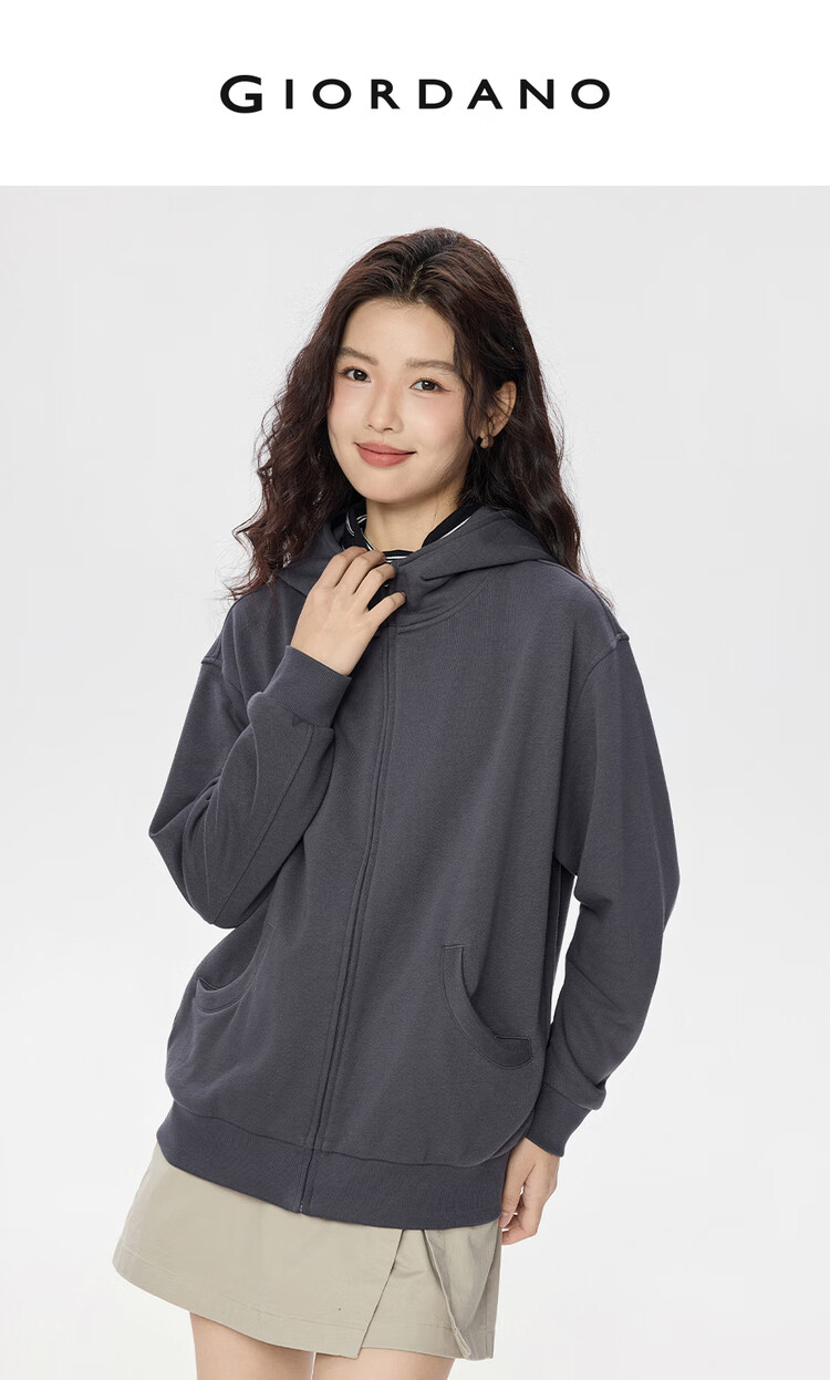 Giordano Women's Autumn Winter New Loose Mid-Length Cleanfit Hooded Zip-Up Sweatshirt 13375185 3