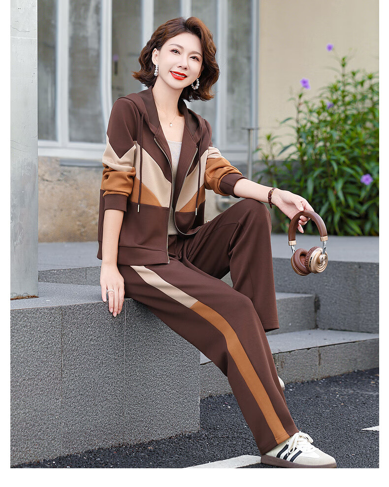 Hengyuanxiang Middle-aged Mom Spring Fashion Sports Suit Middle-aged and Elderly Women's Spring and Autumn Hooded Jacket Casual Two-piece Set 11