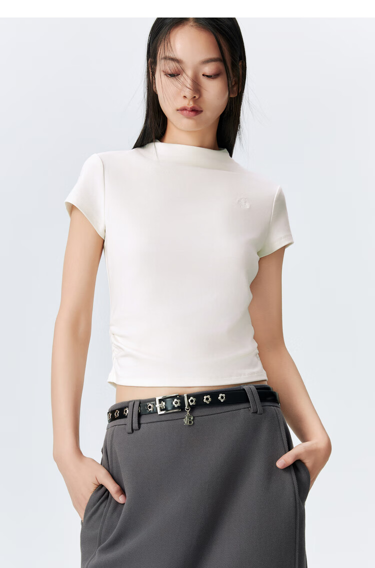 Taipingniao Women's T-Shirt, Semi-Turtleneck, Slim Fit, Short Sleeves, Waist-Cinching, French Style, Elegant Short Top, Off-White 2, L 14