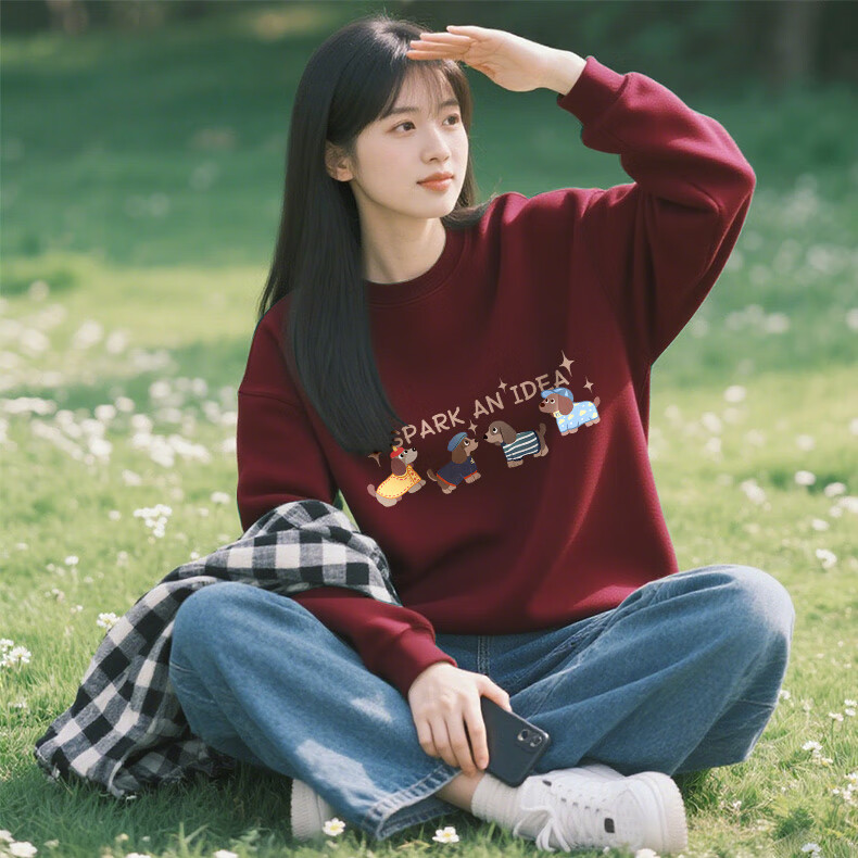 Jeanswest Women's Crew Neck Fleece-Lined Thickened Long Sleeve Sweatshirt 2025 Autumn Winter Casual Literary College Style Jacket 10