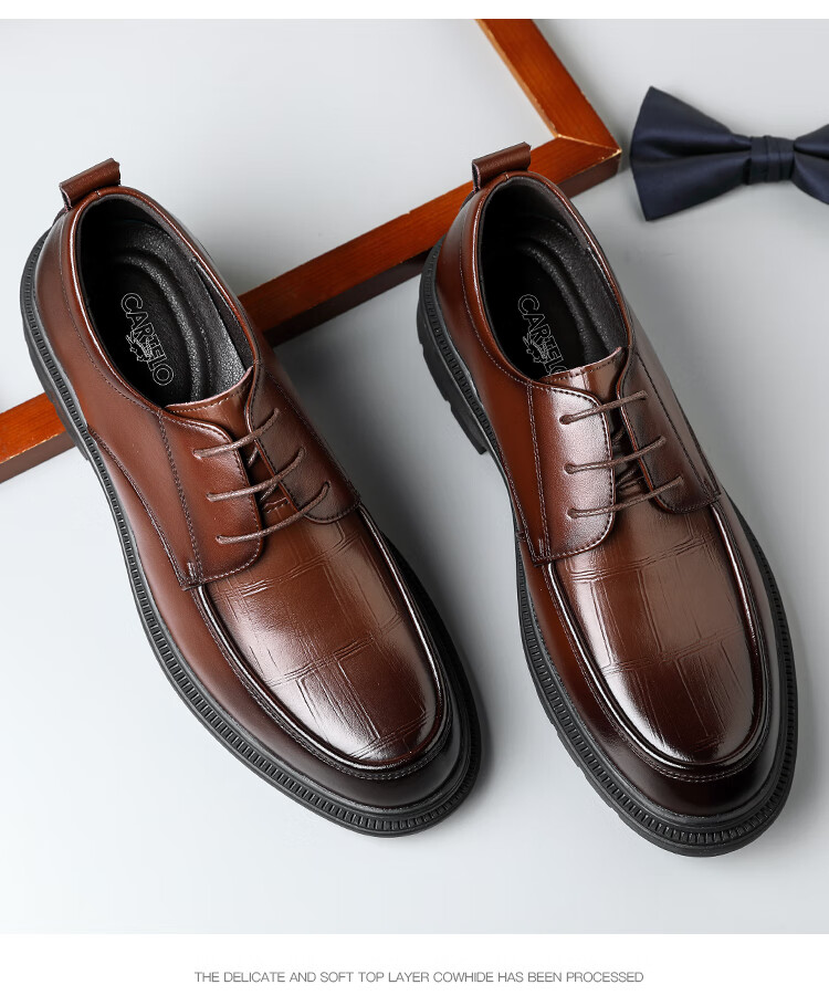 CARTELO Men's Leather Shoes, Cowhide Business Casual Leather Shoes, British Style Thick-Soled Men's Wedding Shoes, Work Shoes, 9788 Black, Size 38 13
