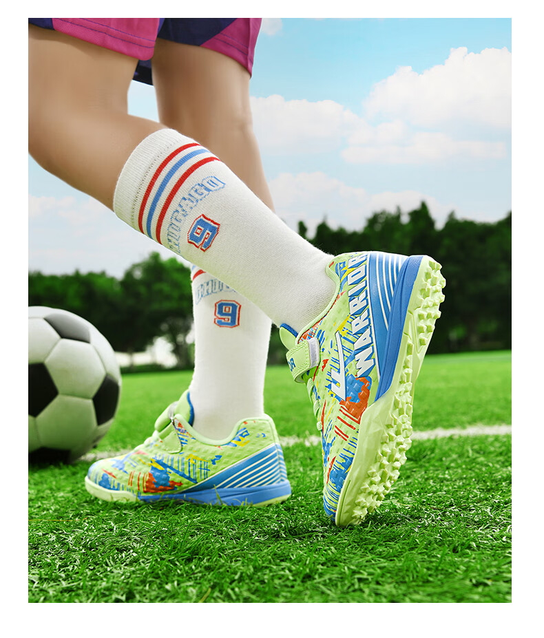 Huili Soccer Cleats with TF Studs, Velcro, No-Tie Design for Men, Women, Children, Students, Campus And Lawn Use, Model 572, Size 29, White And Navy Blue 32