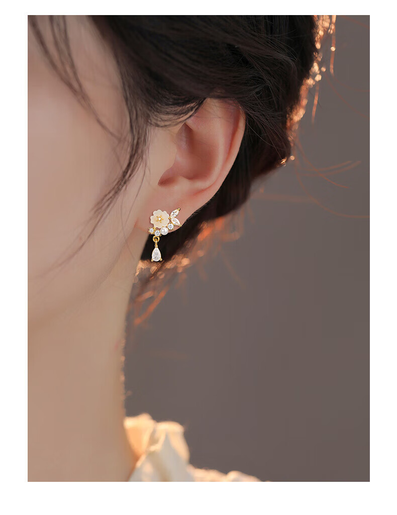 Dijing Camellia Earrings for Women, 925 Sterling Silver Hoop, Elegant Ear Studs, Forest Style Birthday Gift for Girlfriend 2