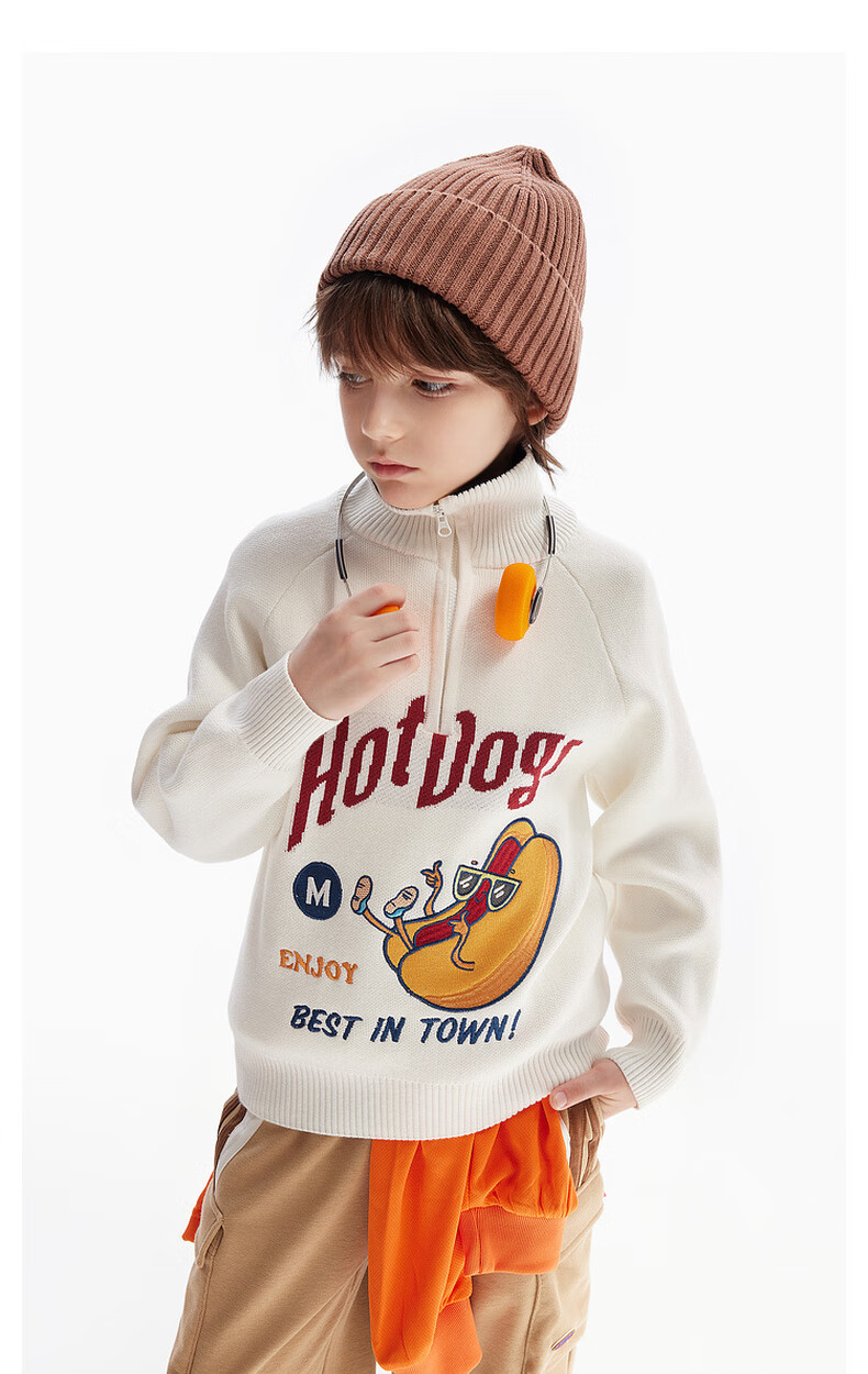 MQD Boys' Sweater, Autumn And Winter Style, Lapel Collar, Contrasting Color Knit Cardigan, Retro Academic Style, Warm Coat, Navy Blue, Size 130 10