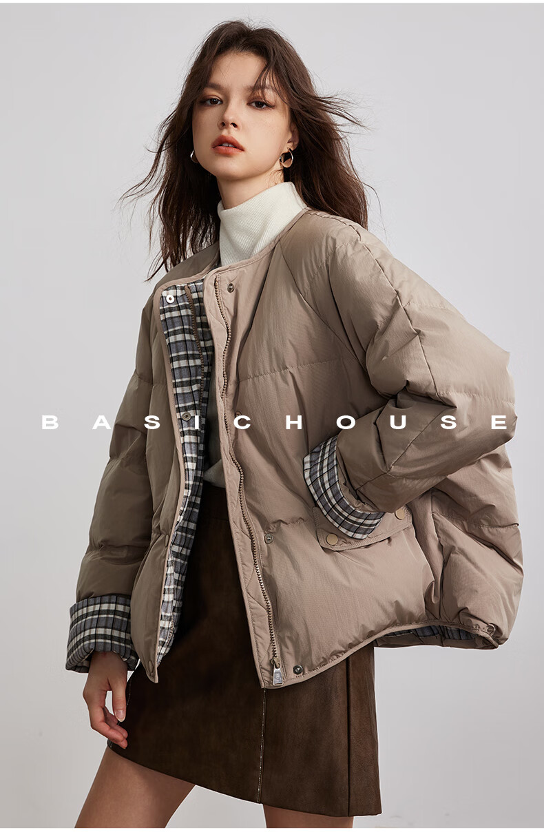 BASIC HOUSE/百家好韩系围围巾蓬松鸭绒外套卡其巾领羽绒服女2024冬季90白鸭绒蓬松外套 卡其绿 S（有围巾）详情图片10