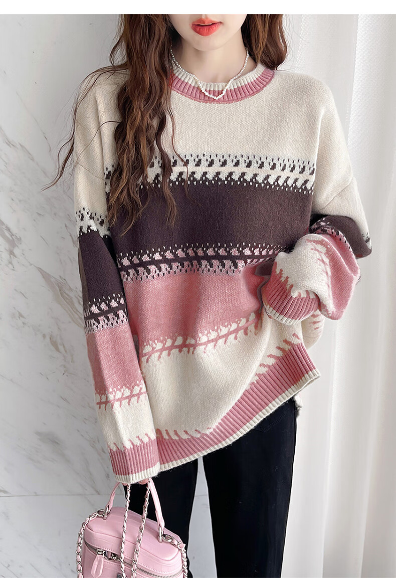 TonLion 2025 Autumn Women's Crew Neck Colorblock Wide Stripe Pullover Sweater Youthful Versatile Korean Casual Fashion 11