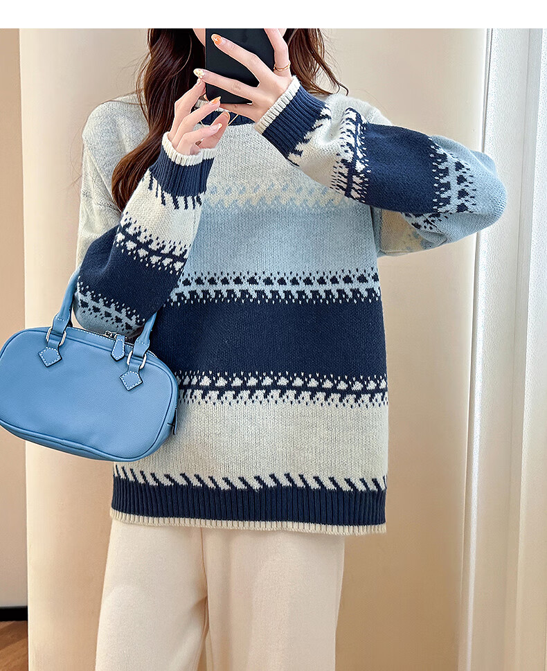 TonLion 2025 Autumn Women's Crew Neck Colorblock Wide Stripe Pullover Sweater Youthful Versatile Korean Casual Fashion 14