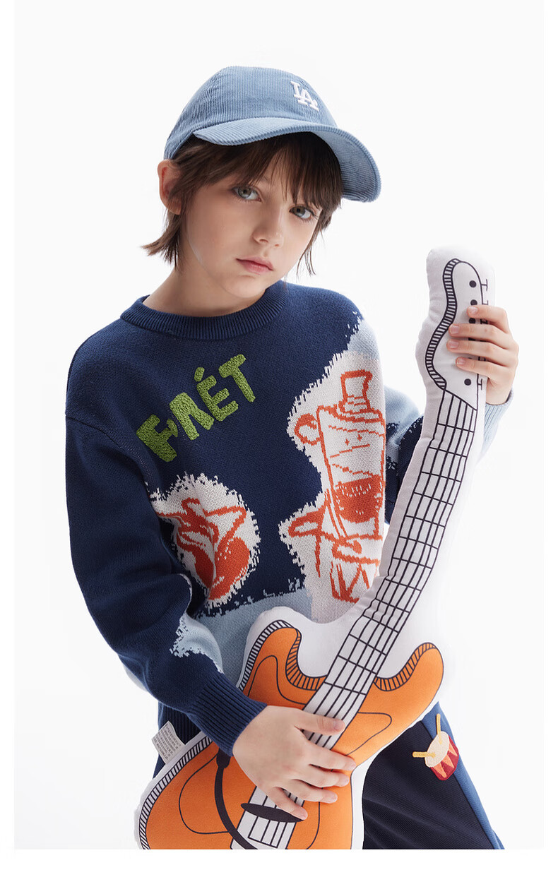 MQD [Designer Series] Boys' Crew Neck Sweater, Spring And Autumn Style Children's Knitwear, Navy Blue, Size 160 2