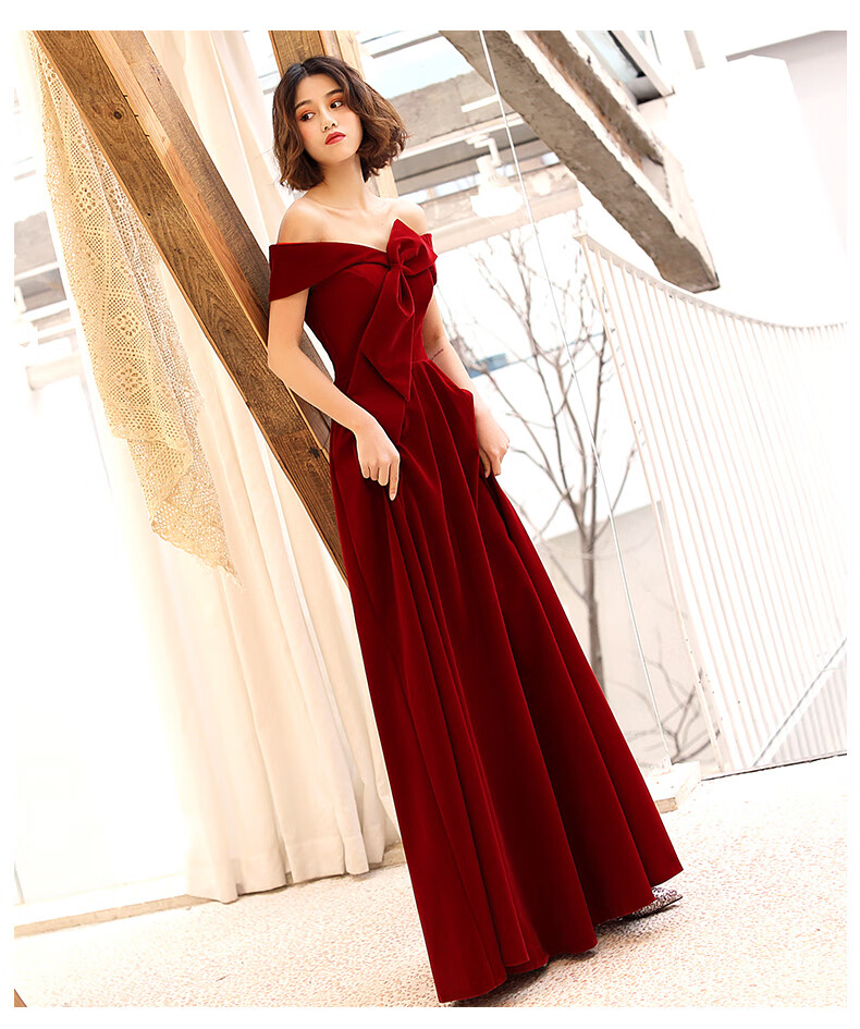 大气酒红色结婚订婚连衣裙宴会气质晚礼服女秋 酒红色平绒锻绑带长款