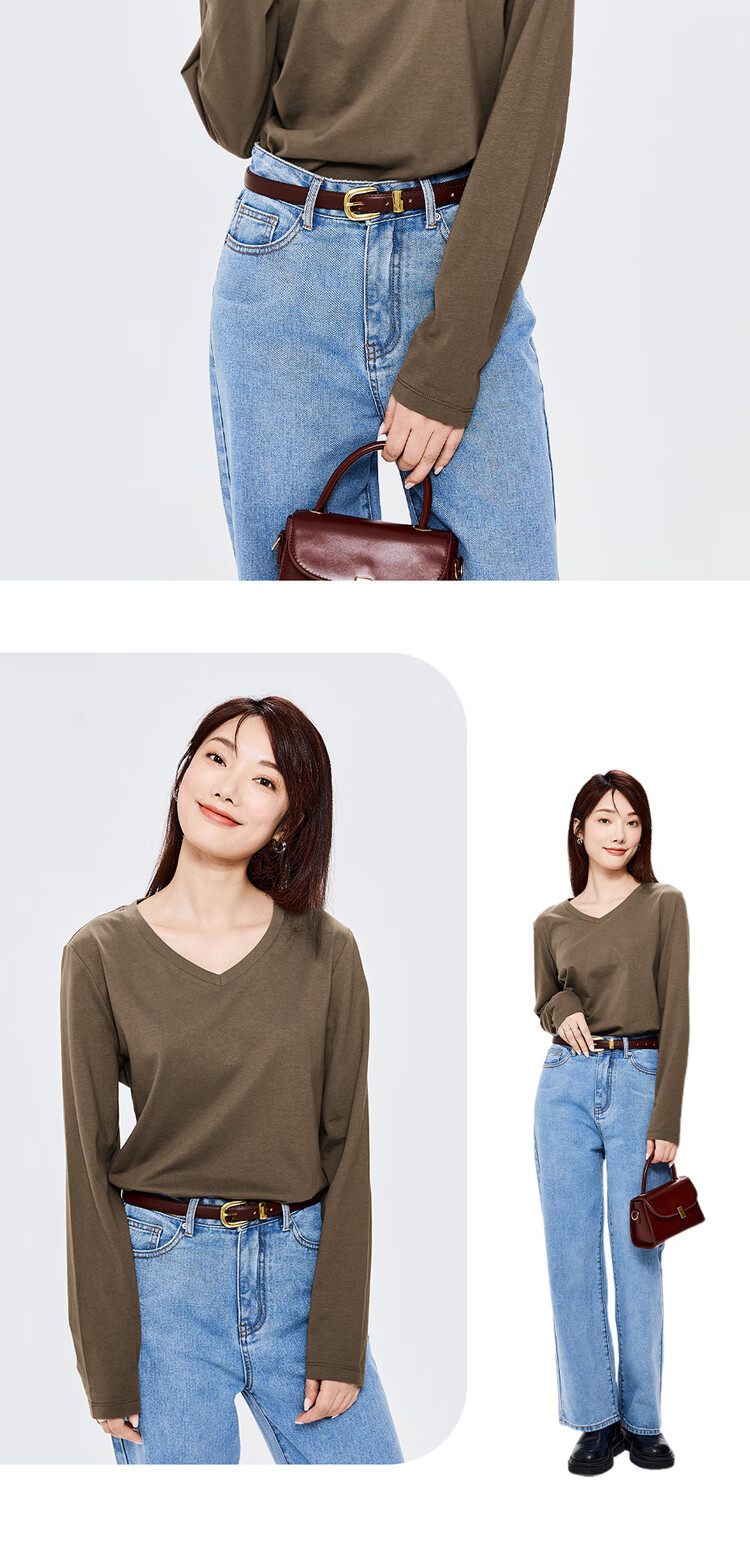 Giordano Women's Basic Comfortable Undershirt, Pure Cotton Solid Color V-Neck Long Sleeve T-Shirt for Women 13322759 15