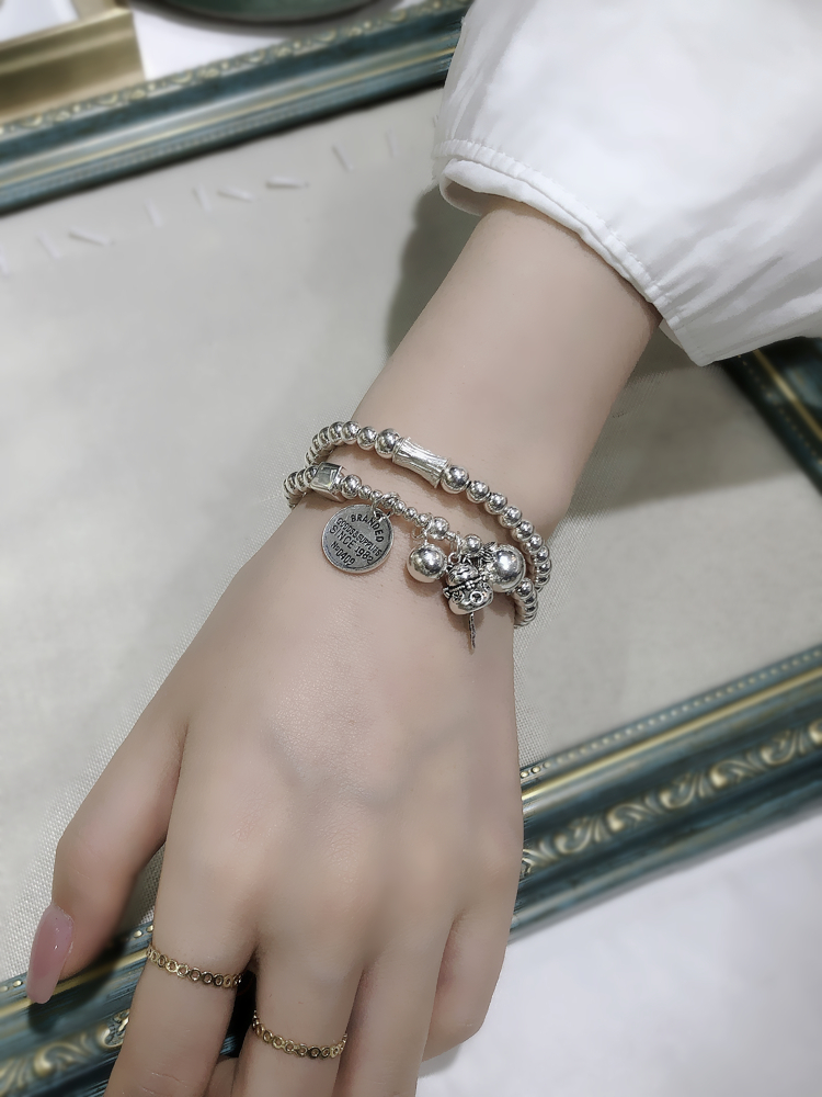 老凤祥款式 s925银复古多层银饰招财猫圆牌银珠手链百搭串珠手串礼物