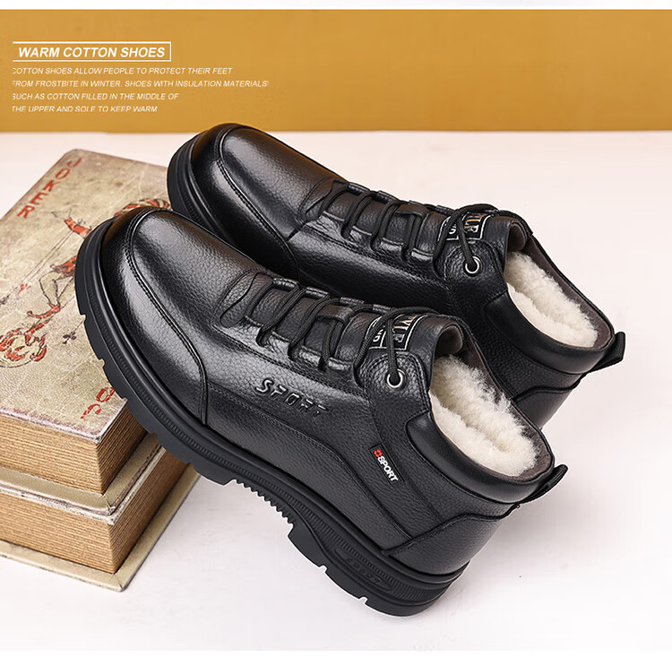Hengyuanxiang Men's First Layer Cowhide Lace-up Martin Boots with Fleece Lining Autumn Winter Cotton Shoes J63803 Black 43 6