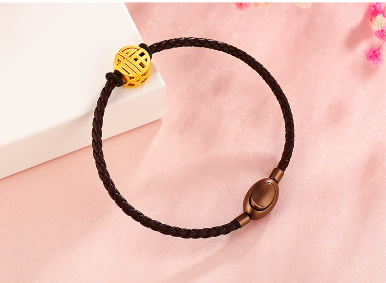 萃华黄金转运珠皮绳手链福字男士手串皮绳颜色随机约2729克