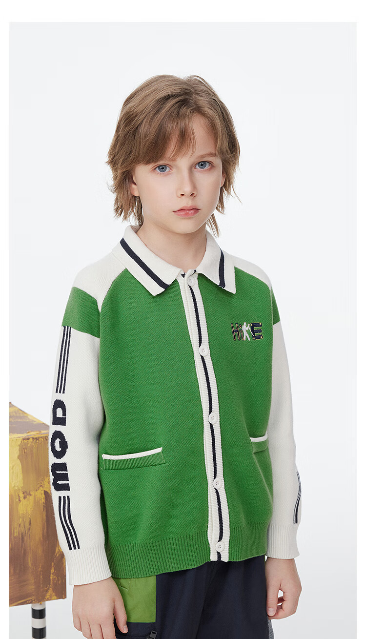 MQD Boys' Sweater, Spring And Autumn Style, Turn-Down Collar, Preppy Style, Children's Knitted Cardigan, Navy Blue, Size 110 14
