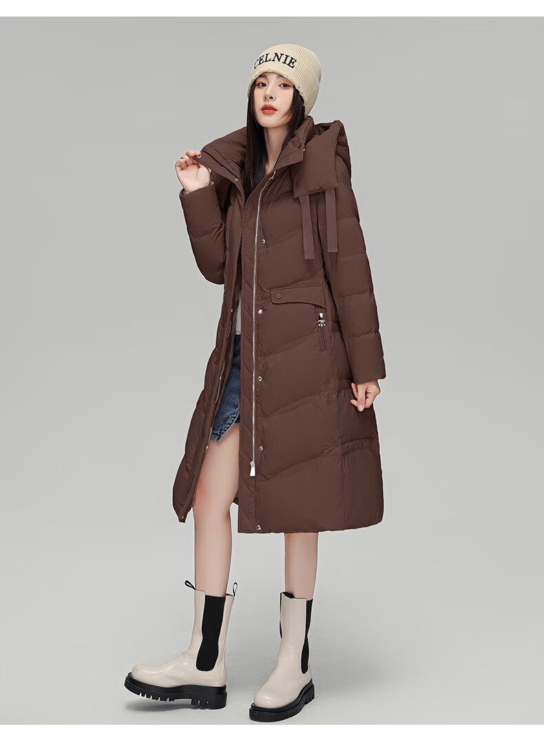 雅鹿羽绒服女2022年冬季新款长款连帽时尚收腰鹅绒保暖外套xm 黑色