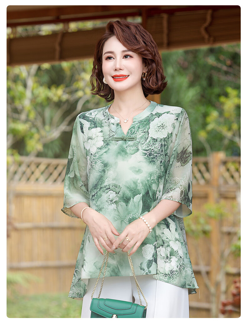 Qiufuluo Mom Summer Chinese Style Short Sleeve Loose Breathable Ice Silk T-Shirt for Women Age 50-80 14