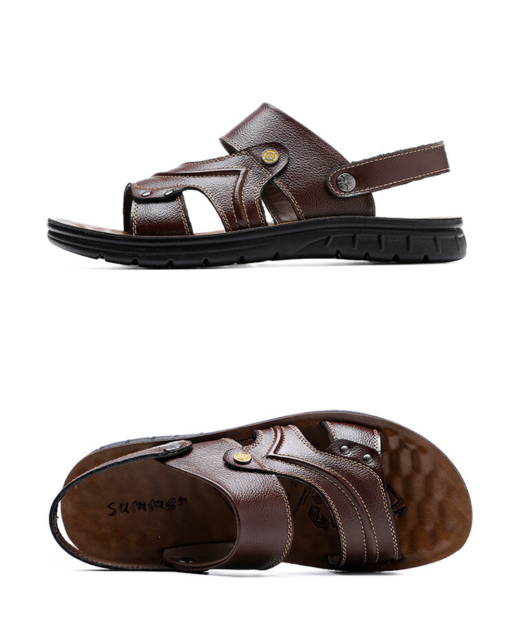 CARTELO Genuine Leather Sandals for Men, Breathable Top-Grain Leather Beach Shoes, Men's Outdoor Dual-Wear Slippers 9252 Brown Size 38 22