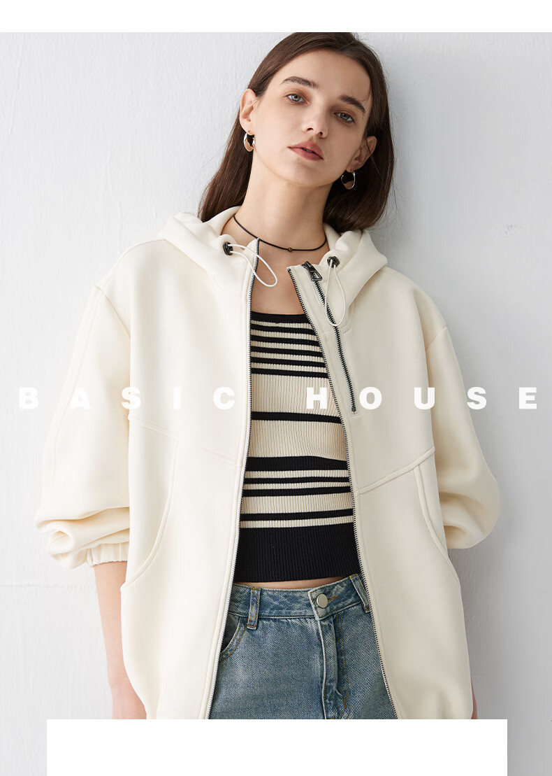 BASIC HOUSE/百家好休闲开早秋2024新款上衣曜石衫连帽卫衣宽松外套女2024早秋新款上衣 曜石黑 M详情图片1