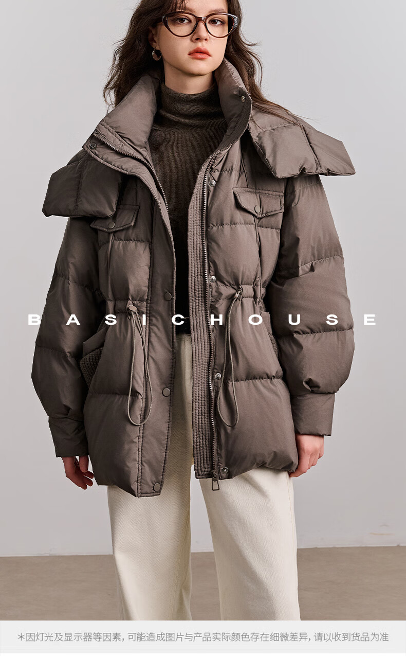 BASIC HOUSE/百家好工装风冬季2024鸭绒保暖灰绿色抽绳收腰羽绒服女2024冬季鸭绒保暖外套 灰绿色 M详情图片6