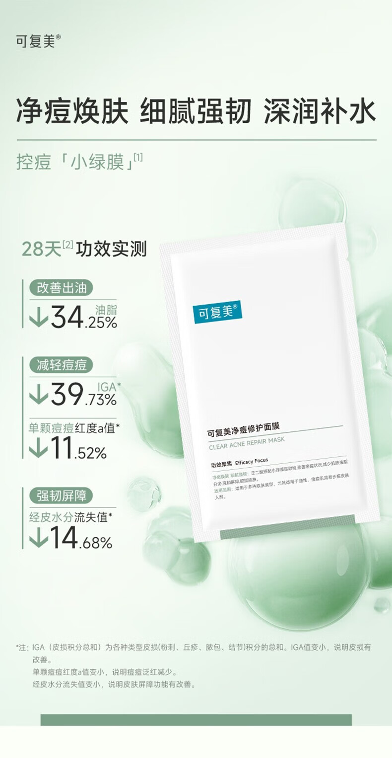 可复美小绿膜 温和净痘保湿修护 双酸修护 小绿膜2片