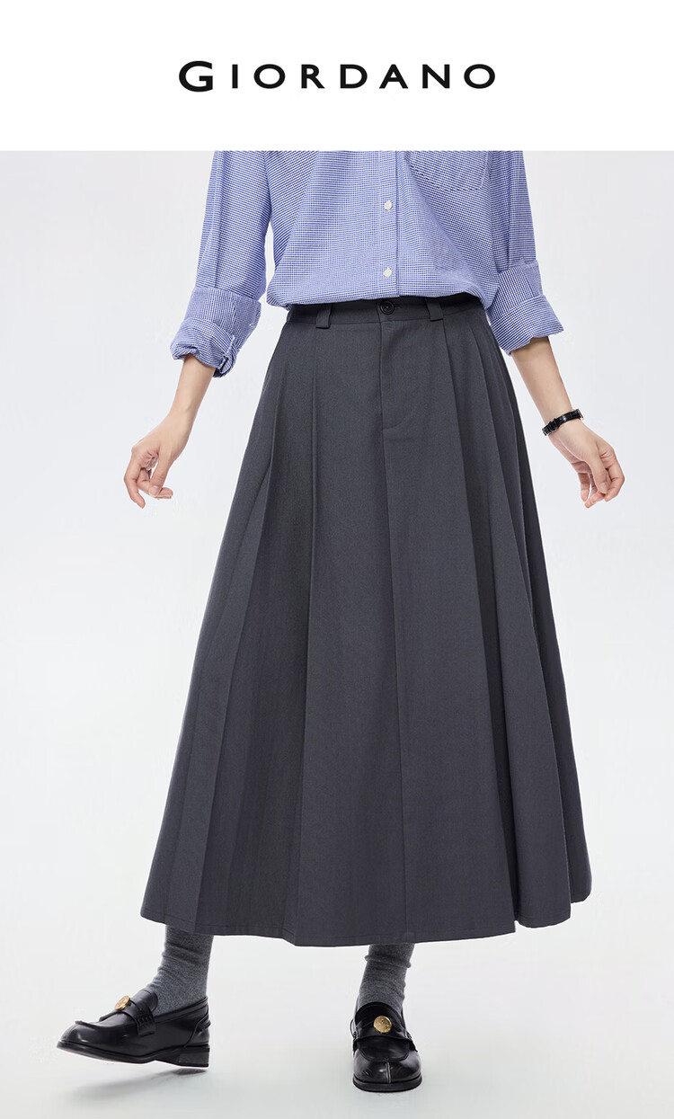 Giordano Grey Pleated Skirt Women's Autumn Winter Draped Brushed A-Line Midi Skirt 05465681 3