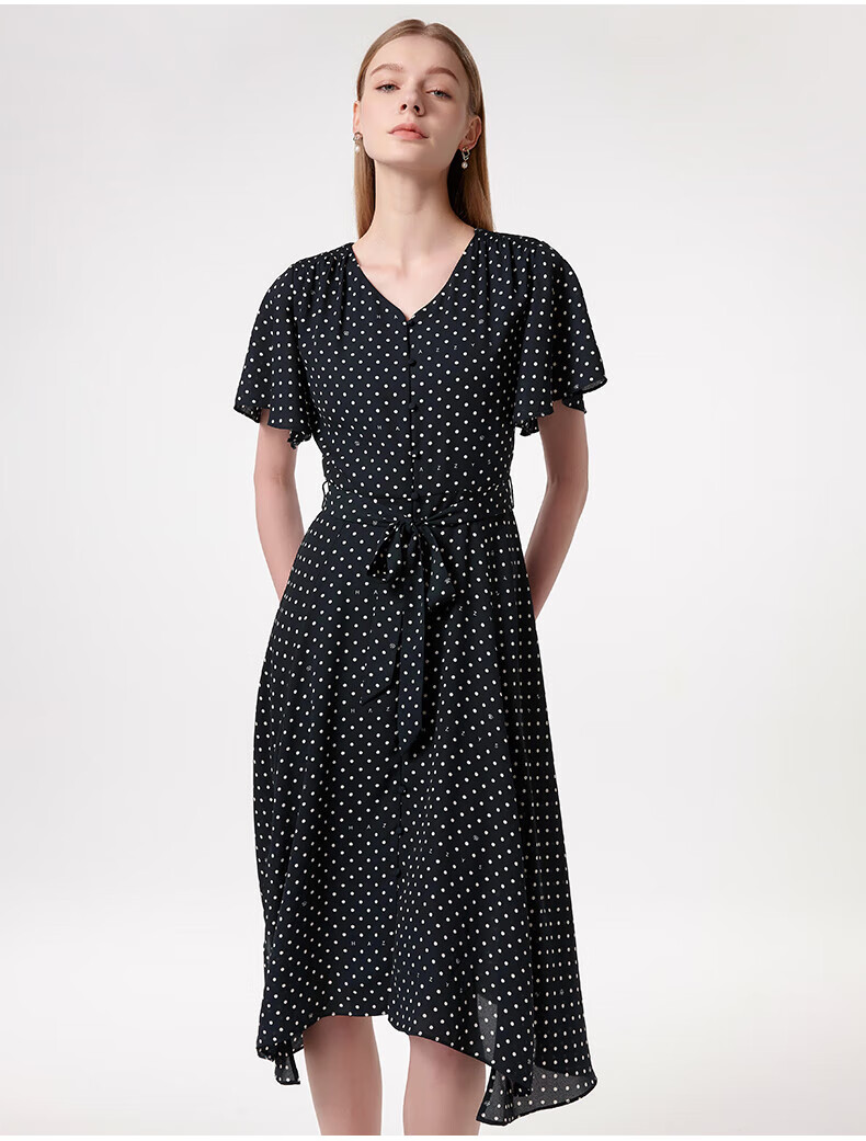 HAZZYS Women's Clothing, Summer PHIZ Anti-Static Wave Dot Print V-Neck Dress for Women, Navy Blue, Size S 5