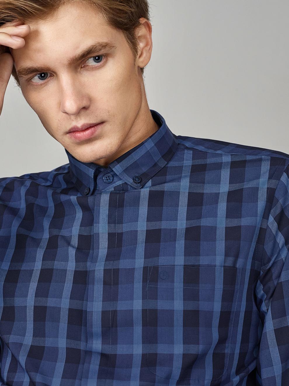 金利来男士手感柔软顺滑双色格纹商务休闲长袖衬衫深蓝m