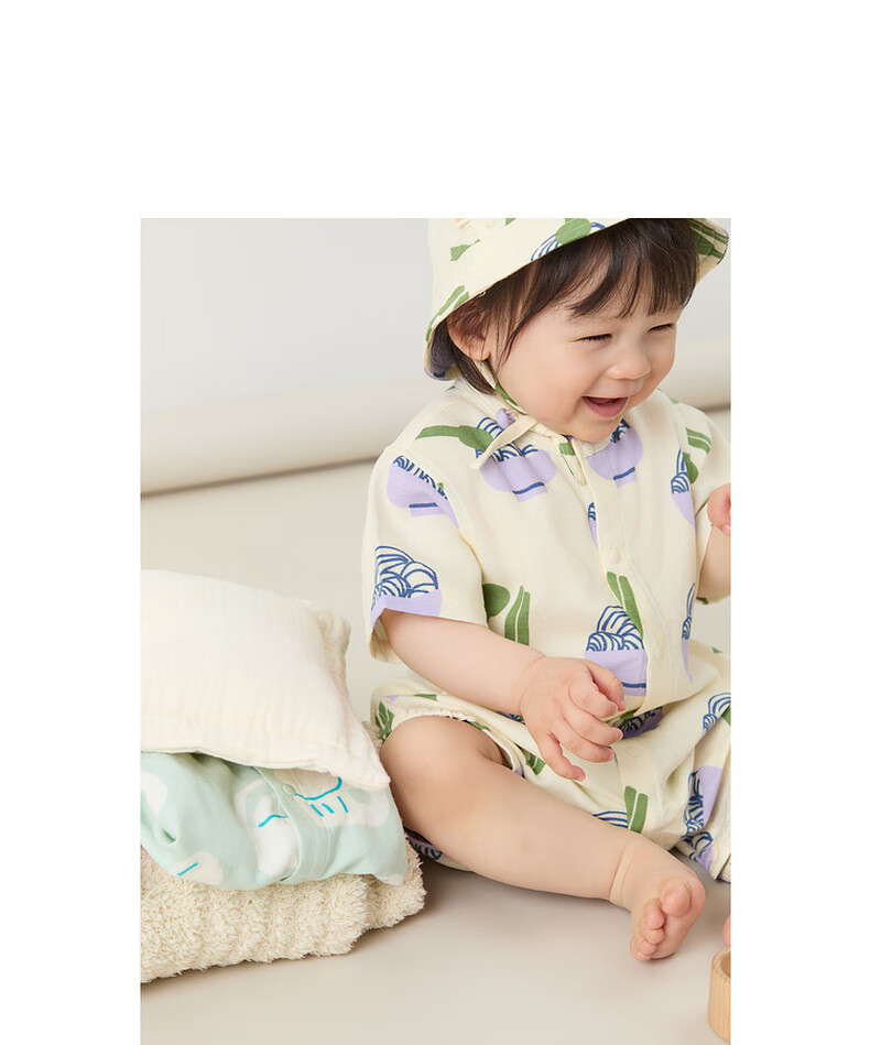 Papa Summer Infant Bamboo Cotton Romper for Boys And Girls, Short-Sleeve Gauze Printed Onesie, Breathable, Blue, 66cm 16