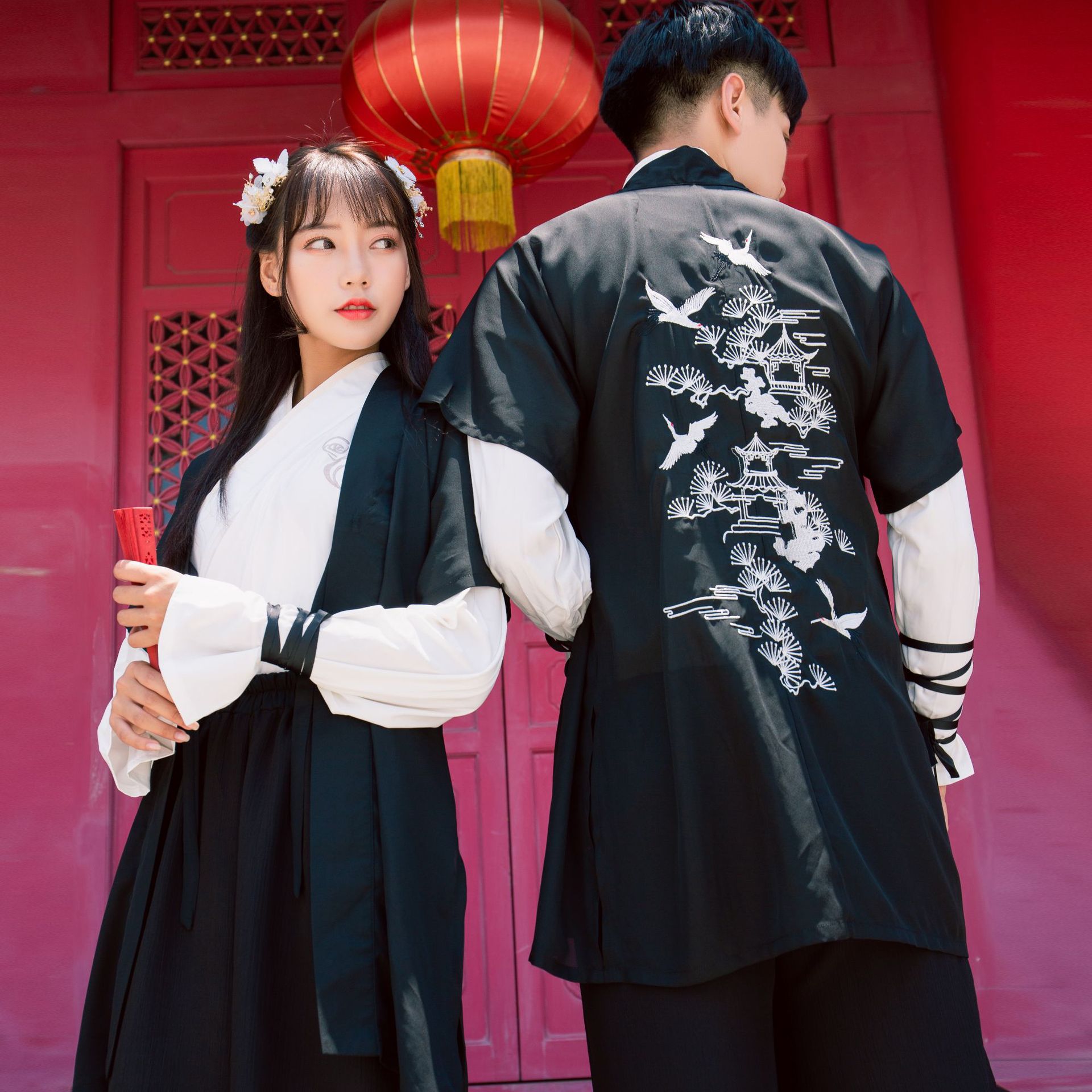 81080传统汉服仙鹤绣花交领长袖 宋裤日常武侠风 情侣装cp装 套装