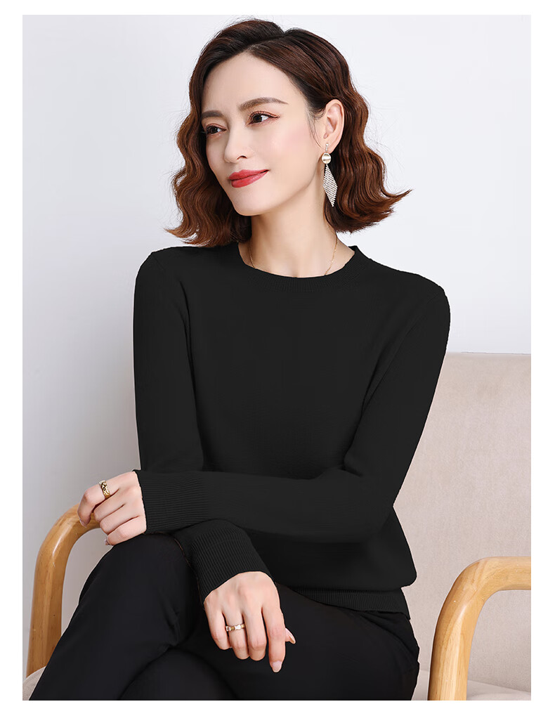 Hengyuanxiang 100% Pure Wool Women's Sweater Autumn Winter Crew Neck Casual Elegant Knit Warm Base Shirt Top 14