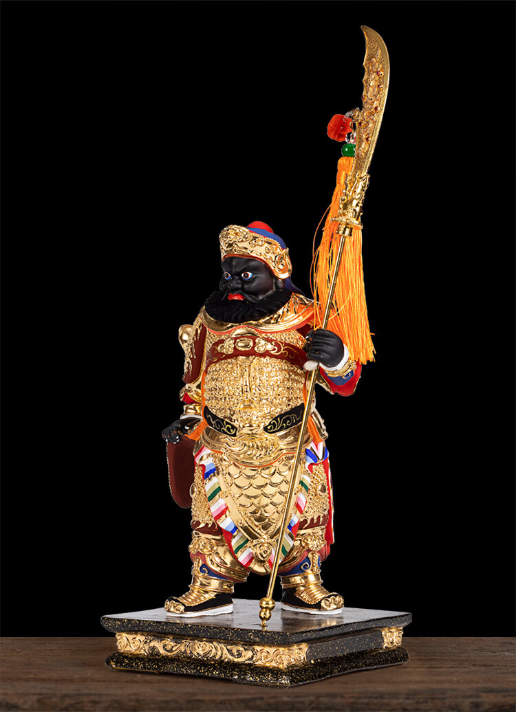 香樟木贴金周仓关平关公左右护法佛像素金家用供佛堂木雕神像摆件 8寸