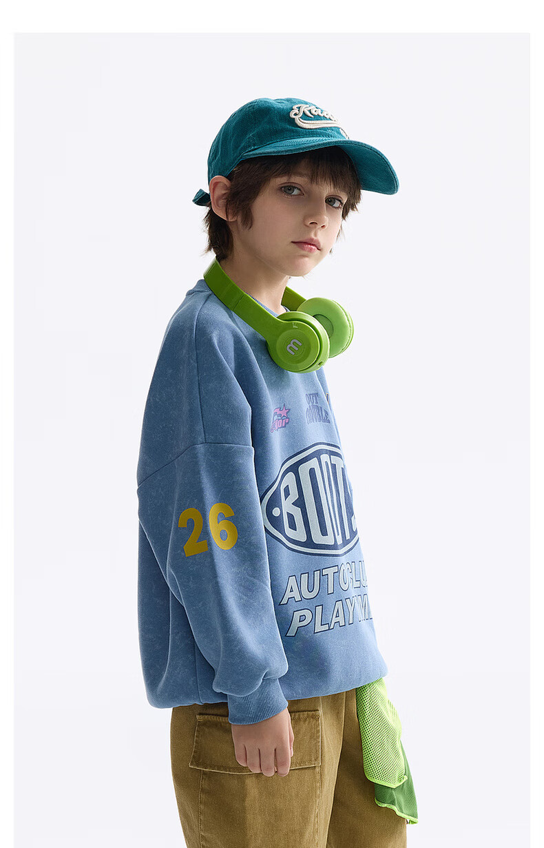 MQD Boys' Autumn New Style Children's Round Neck Street Fashion Loose Drop-Shoulder Sweatshirt for Older Kids, Light Denim Blue, Size 130 9