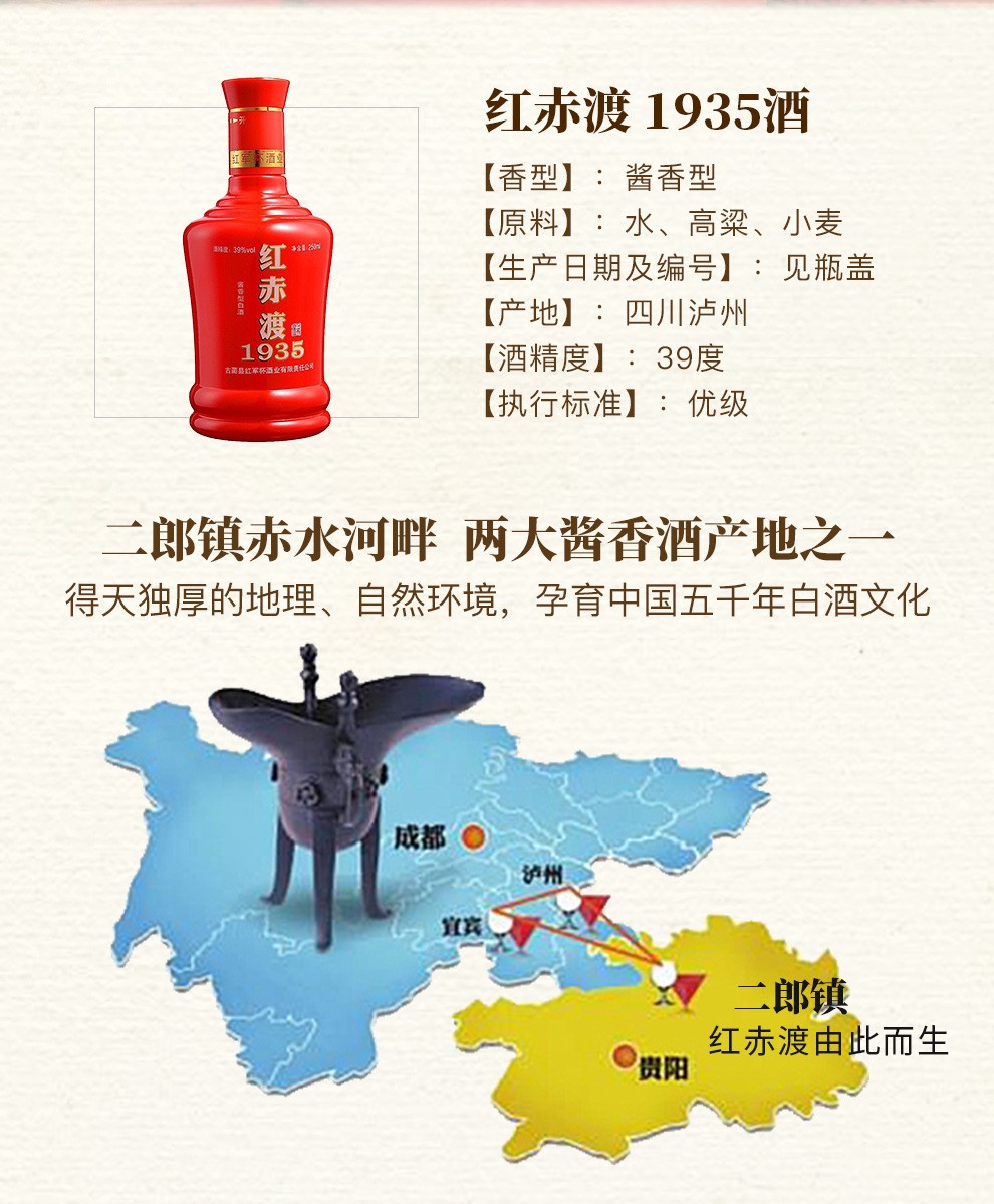 2011年产红赤渡1935酱香老酒39度250ml6瓶装泸州古蔺二郎酒低度白酒