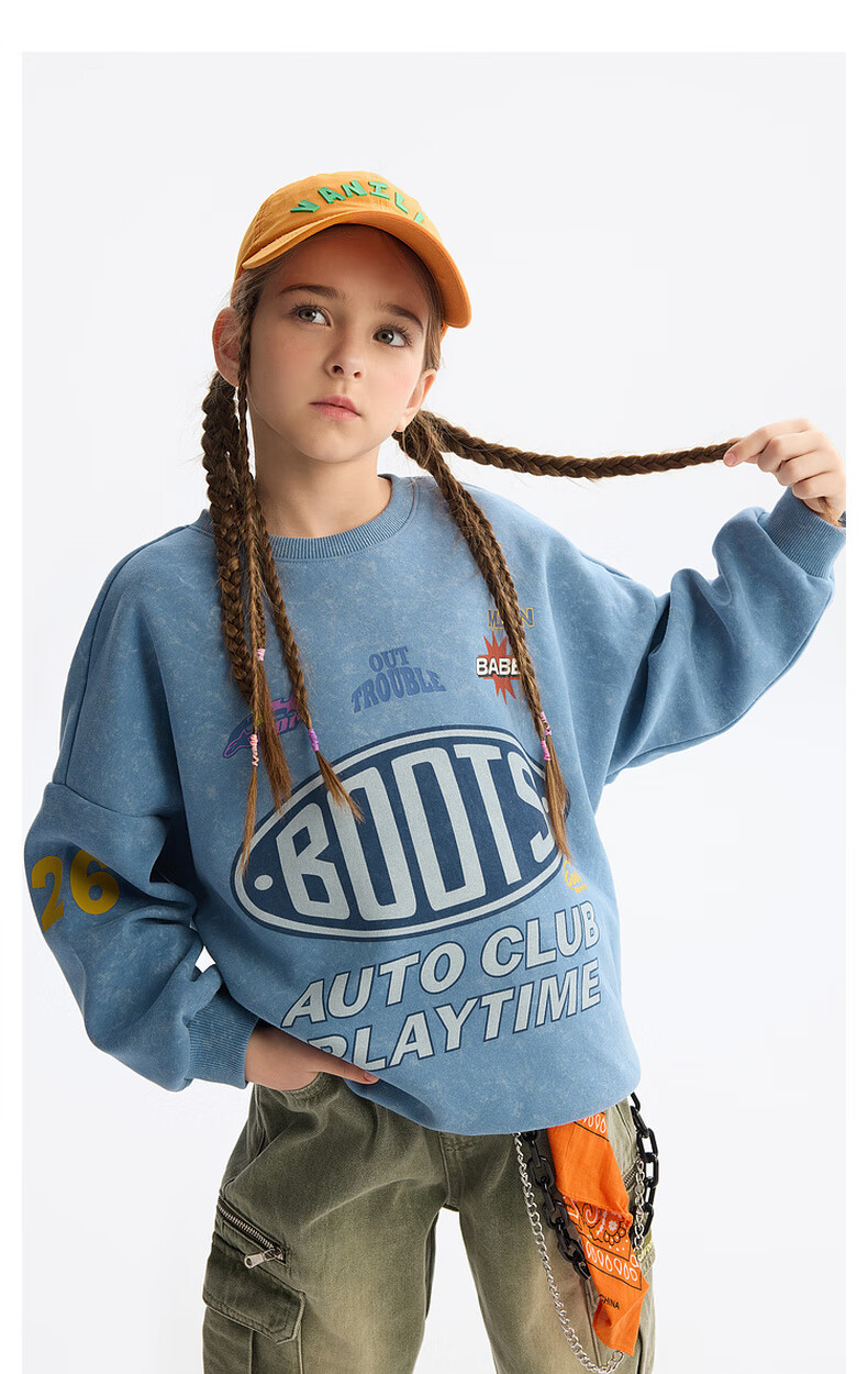 MQD Boys' Autumn New Style Children's Round Neck Street Fashion Loose Drop-Shoulder Sweatshirt for Older Kids, Light Denim Blue, Size 130 11